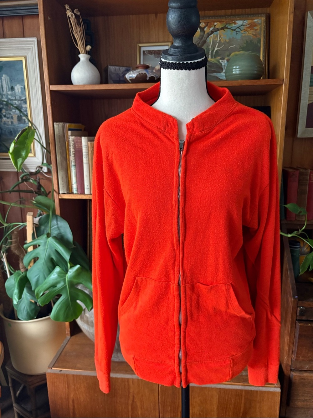 70s Vintage Flame Orange Full Zip Sweatshirt M